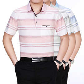 品牌代发桑蚕丝t恤男夏季薄款翻领短袖polo衫中年条纹真丝爸爸装