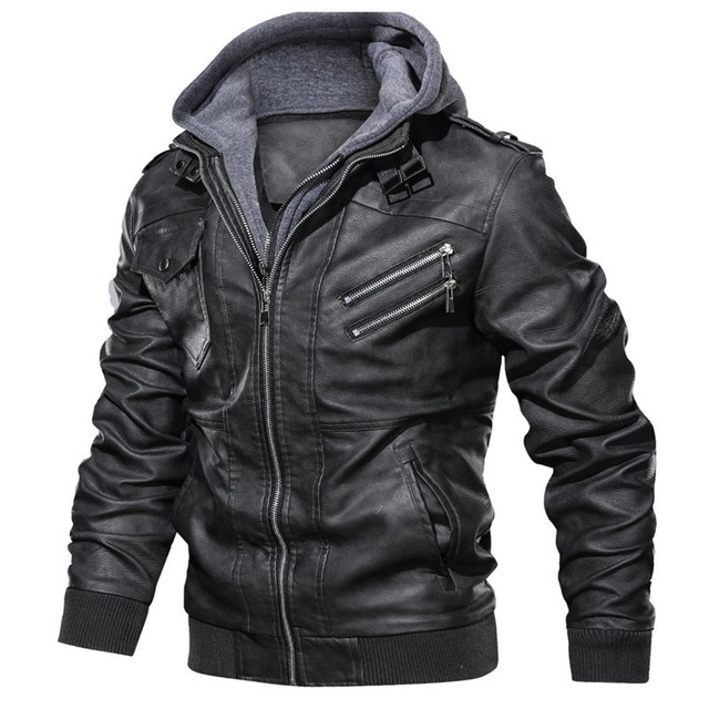 Men’s hooded leather jacket with plush and thickened jacket