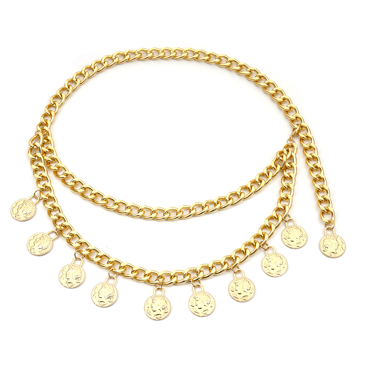 欧美跨境饰品 复古硬币吊坠流苏腰链女 性感双层女王浮雕身体链