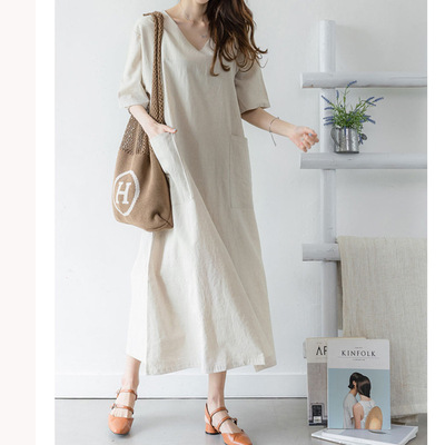 预售日韩原创夏装新款休闲风极简主义长裙宽松亚麻布短袖连衣裙子