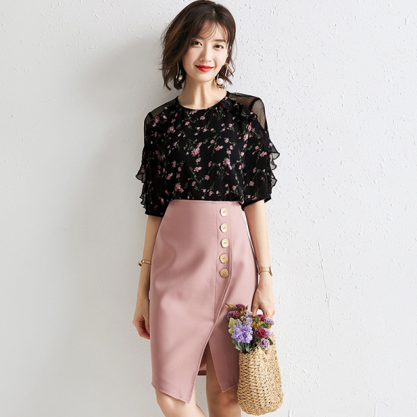 Fashion two-piece tide wood ear printed chiffon shirt step skirt