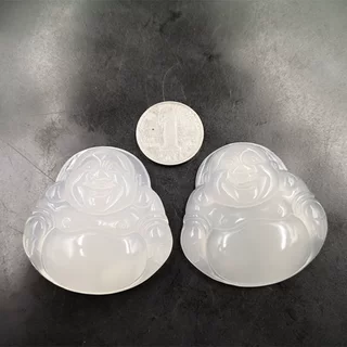 老玉匠 冰种大号白玉髓弥勒佛吊坠 白玛瑙大肚佛吊坠