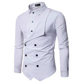 2019春夏新款外贸时尚双排扣男士休闲长袖衬衫 eBay欧码假2件衬衣