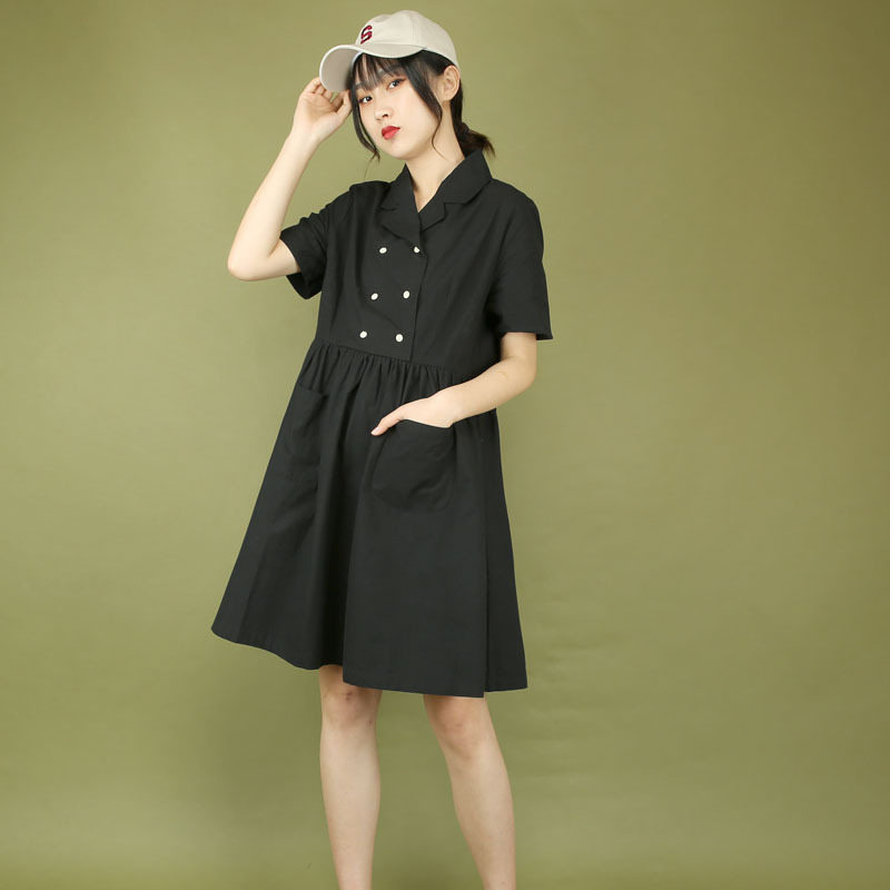 三色日系西装领双排扣少女棉布短袖连衣裙宽松休闲百褶裙2021夏