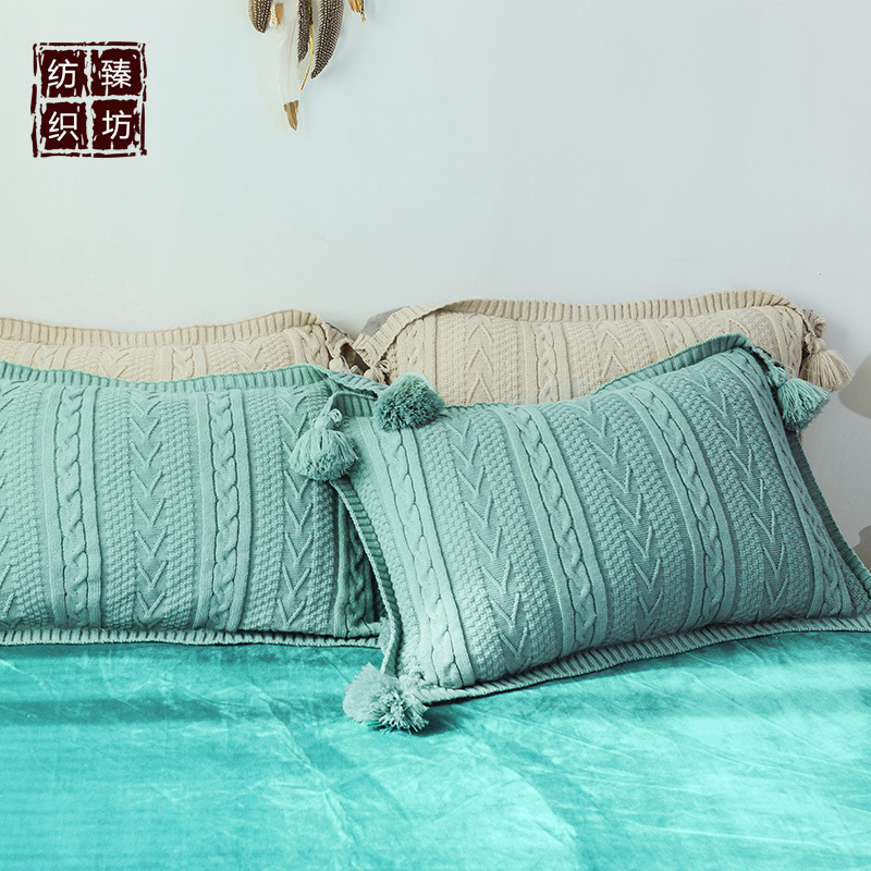 少女心针织毛线四件套枕套公主风A版针织棉B版水晶绒枕套