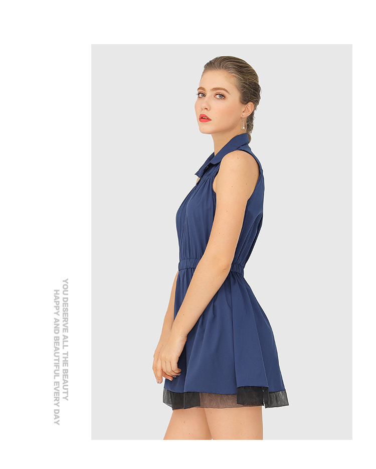 lapel sleeveless dark blue dress NSJR51560