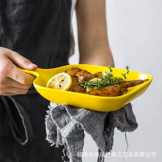 INS带柄方形陶瓷烤盘圆菜盘餐盘点心盘意面盘微波炉耐高温手柄