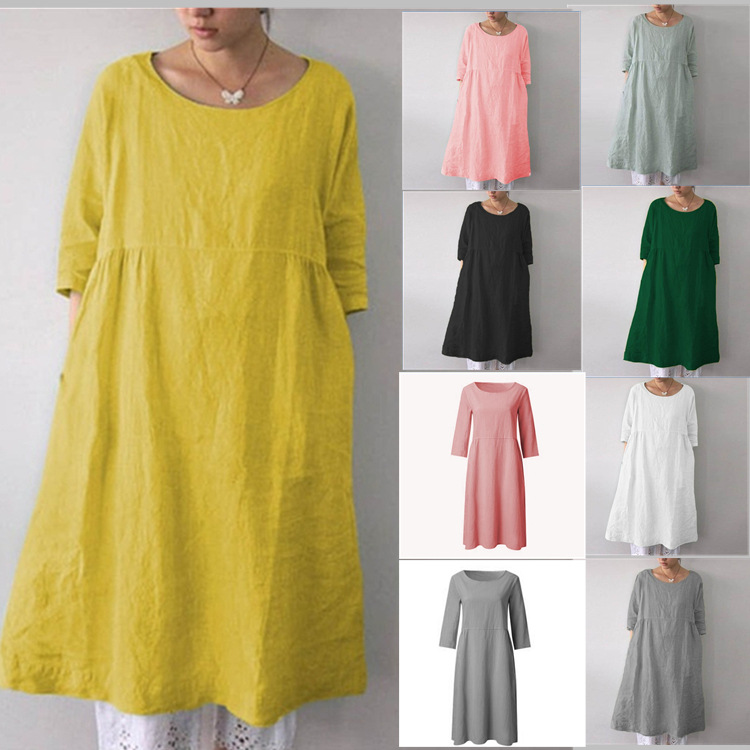 亚马逊2020新款 女装圆领纯色宽松衬衫大码连衣裙