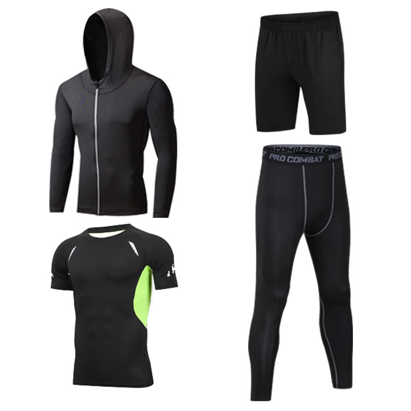 运动套装跑步健身服套装四件套连帽外套足篮球服紧身压缩衣训练服|ru