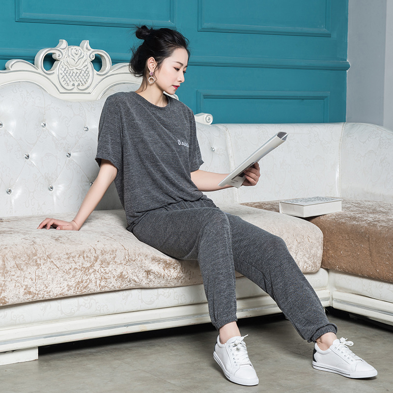 仙女宅宅裤套装2021春夏睡衣女圆领简约慵懒家居服三件套