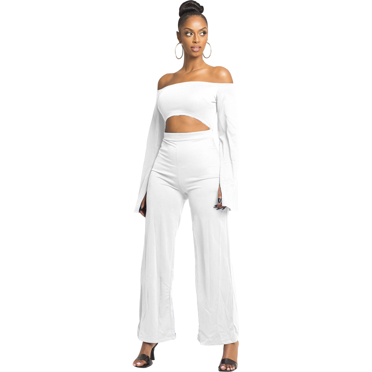 Boutique Casual Solid Color Long Sleeves Cropped off Shoulder Jumpsuit