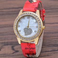 Korean-style rhinestone-embedded heart-shaped casual quartz watch for women — classic, trendy, and printed leather-band watches available for wholesale.