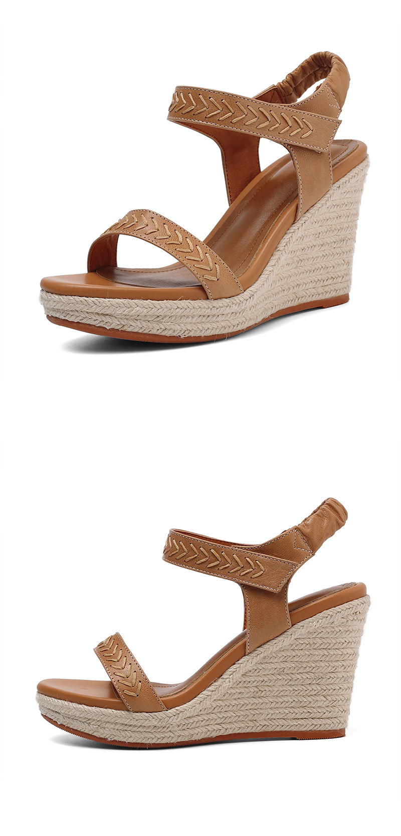 Sandal nữ đế xuồng dệt rơm da bò quai ngang khóa chữ — Màu nâu chi tiết 4