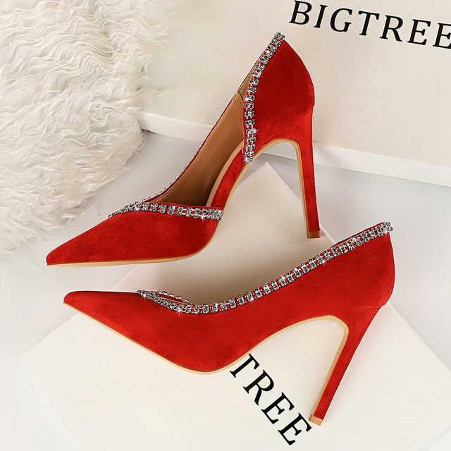 European and American fashion sexy banquet super high heel suede shallow mouth V-shaped saliva drill side hollow 