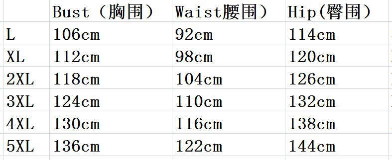 尺码表L-5XL（人体size）