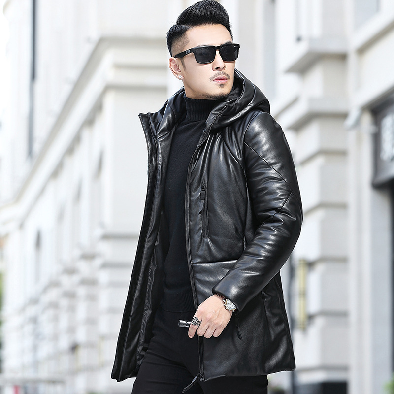 Winter New Haining Leather Down Jacket Men's Mid-length Korean Style Slim-fit Youth Hooded Leather Coat Casual Jacket