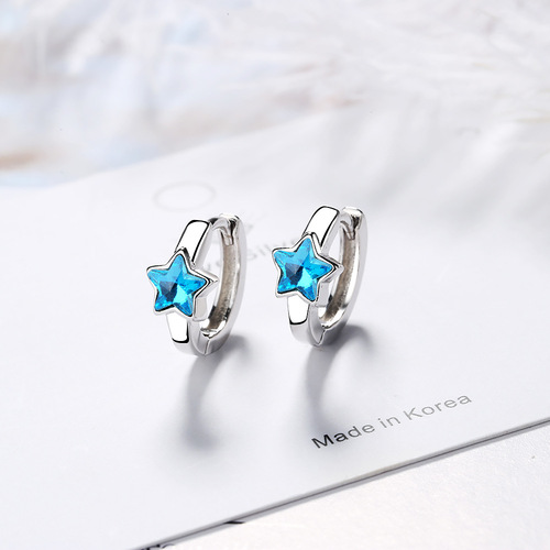 Blue five-pointed star earrings, personalized small artificial crystal earrings, niche cold style earrings, earrings, copper Korean version
