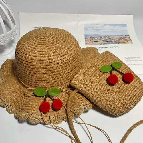 New Children's Fruit Cherry Straw Hat Summer Baby Girl Crossbody Bag Travel Cute Princess Hat Children's Straw Bag
