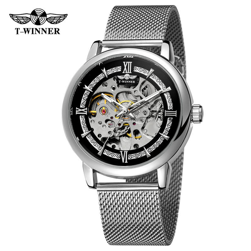 Ganador reloj mecánico automático de los hombres moda hueco transparente Fondo volante Acero inoxidable malla cinturón reloj mecánico B099