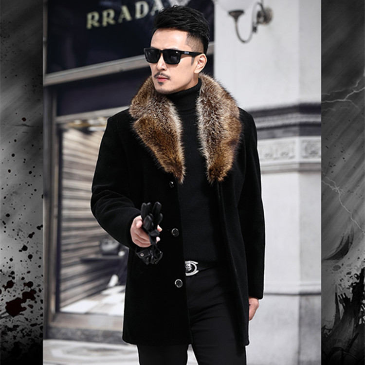 New Men's Woolen Coat with Single-Breasted Thickened Mid-Length Woolen Trench Coat Ebay Wool Collar Woolen Jacket
