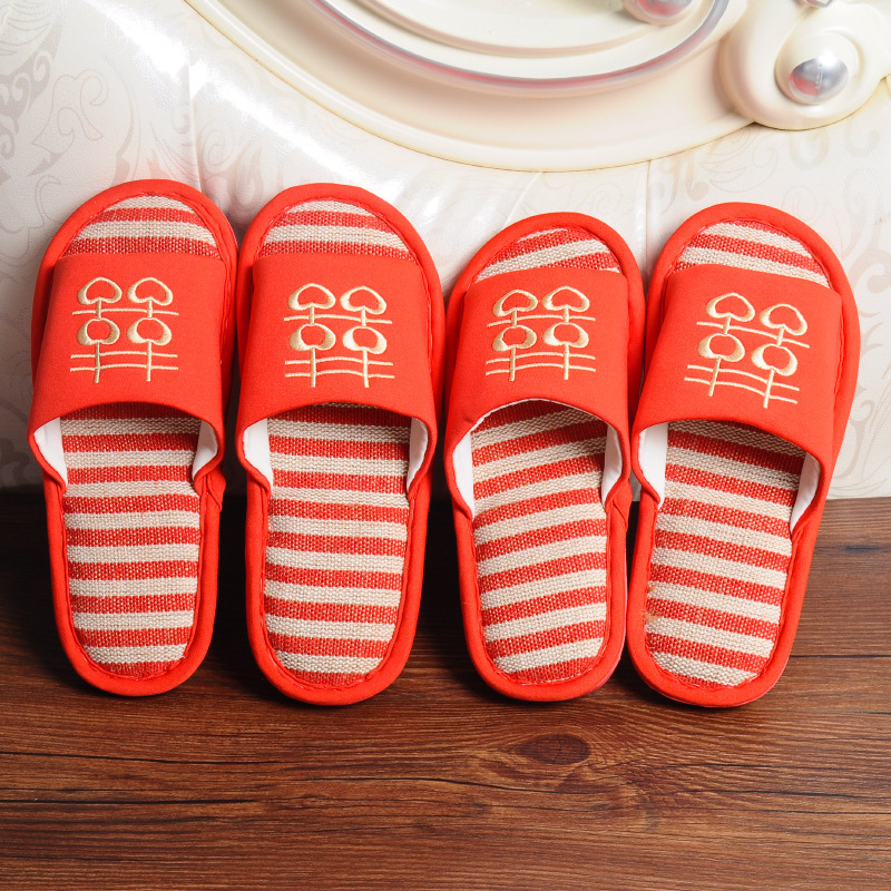 批发结婚庆用品新款开口红麻双喜拖鞋居家情侣款喜字创意室内拖鞋
