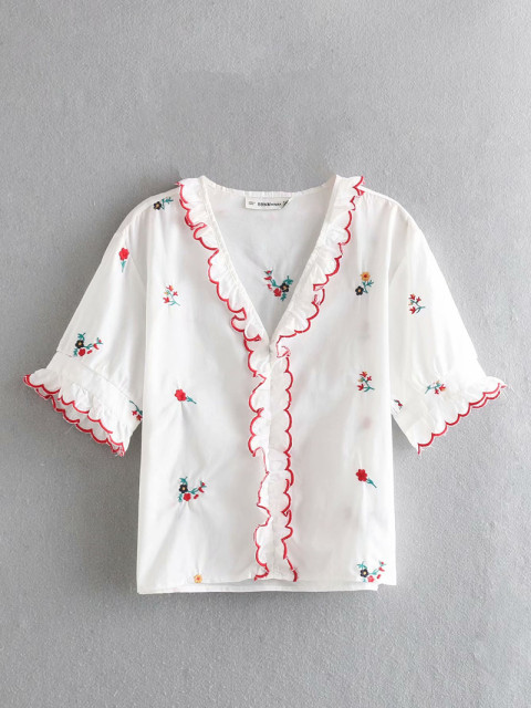 Summer New V-neck Lotus Edge Embroidered Pullover Shirt