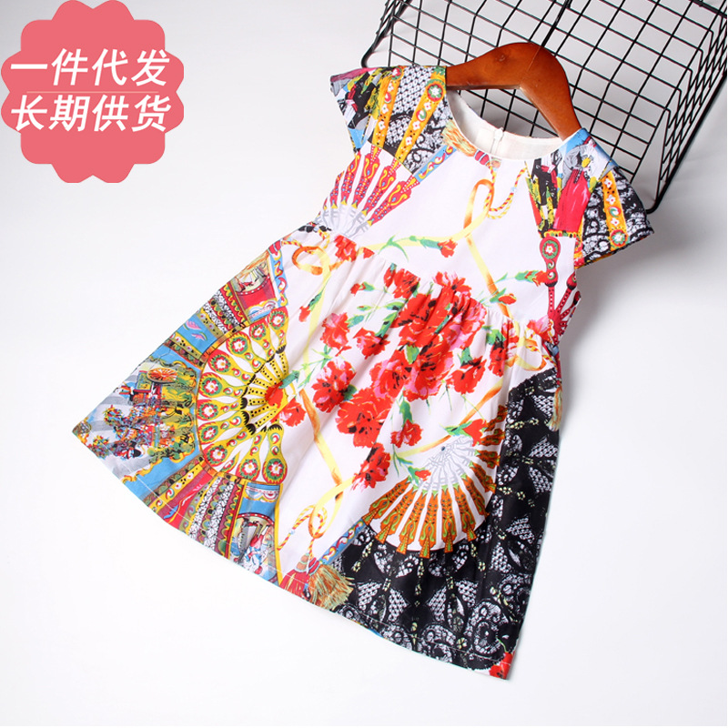 2021 New Children's Skirt Summer European and American Style Girl's Pure Cotton Fan Printed Dress European and American Style Foreign Trade Children's Clothing