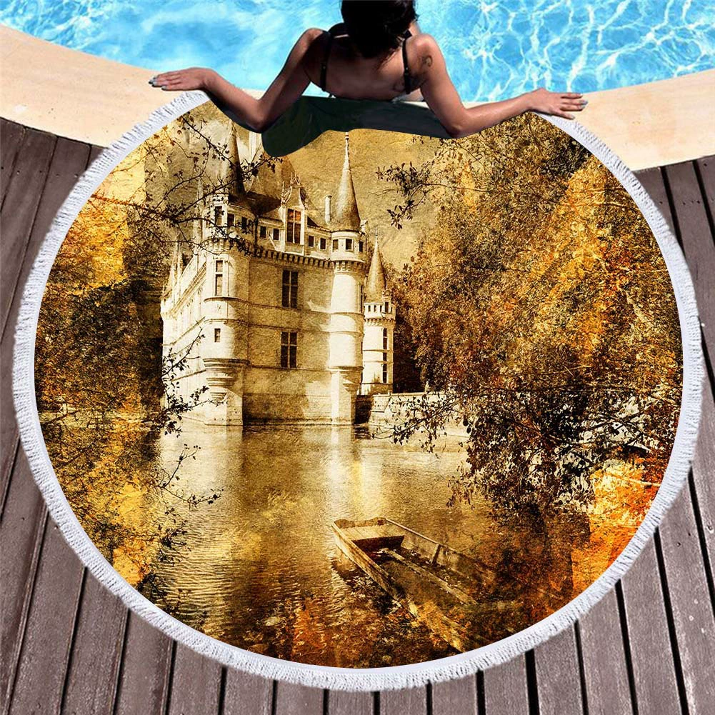 Вышитые европейские и американские 3D цифровая печать известных архитектурных Пляжное Полотенце микрофибры круглый кисточкой пляжный коврик
