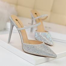 86-20 Korean edition of high-heeled women's shoes with color diamond slippers with thin heel, shallow mouth and pointed hollow word and water diamond high-heeled women's slippers