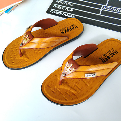 皮革联名人字拖鞋男软底透气舒适防滑耐磨居家室外男拖鞋韩版百搭|ms