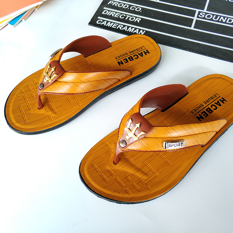 皮革联名人字拖鞋男软底透气舒适防滑耐磨居家室外男拖鞋韩版百搭|ms