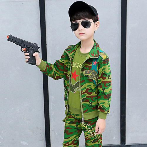 Children's Camouflage Fall Long Sleeve Set for Older Children, Fashion Three-Piece Set, Military Training Boys' Stylish Kids' Outfit, Children's Suit
