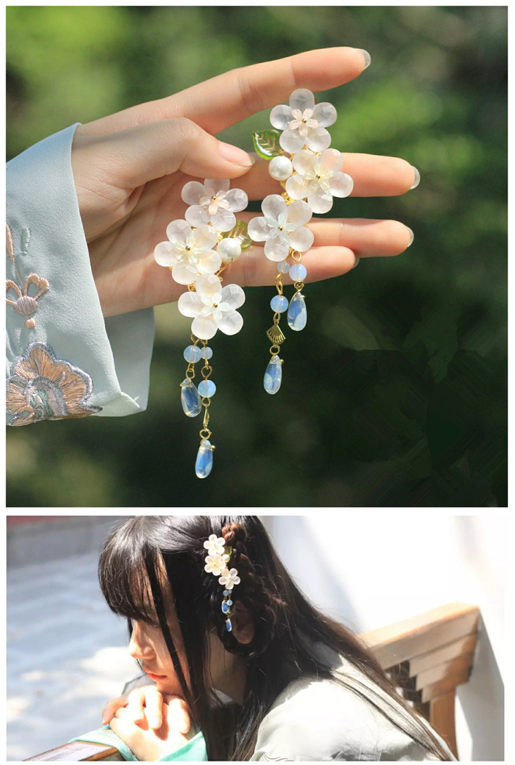 Ancient-style palace flower bridal hair accessories, hairpins, DIY accessories, acrylic frosted flower jelly, white plum blossom beads detail image 8