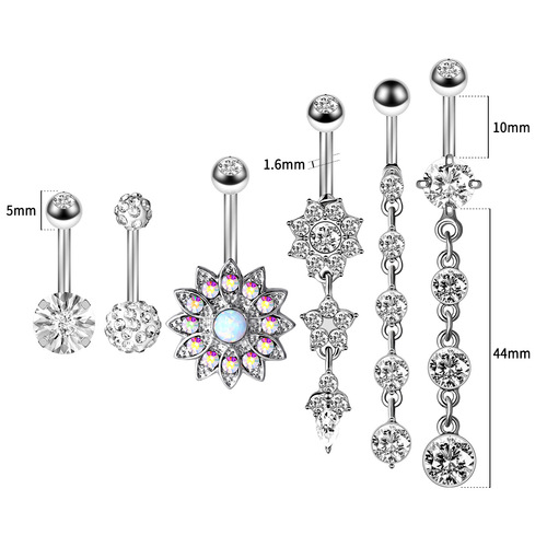 Factory direct sale Amazon Wish hot selling high quality exquisite zircon belly button ring 6-piece set piercing jewelry