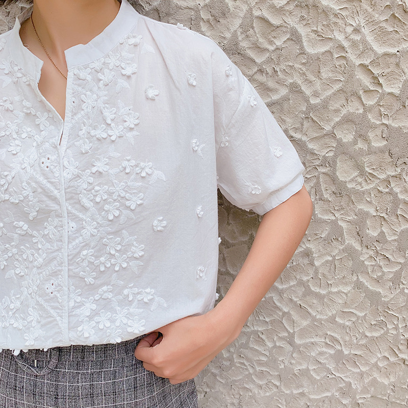 303-1094 stereo flower white shirt female fresh summer women's Korean version of new loose short-sleeved shirt