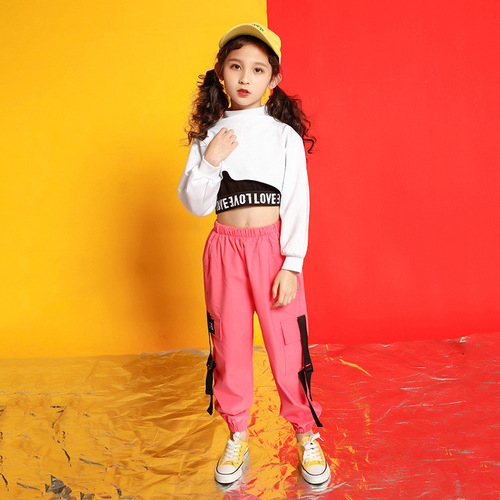 Pink Street dance costumes for girls  hip-hop costumes  girls  hiphop 3pcs one set midriff performance costumes girl children