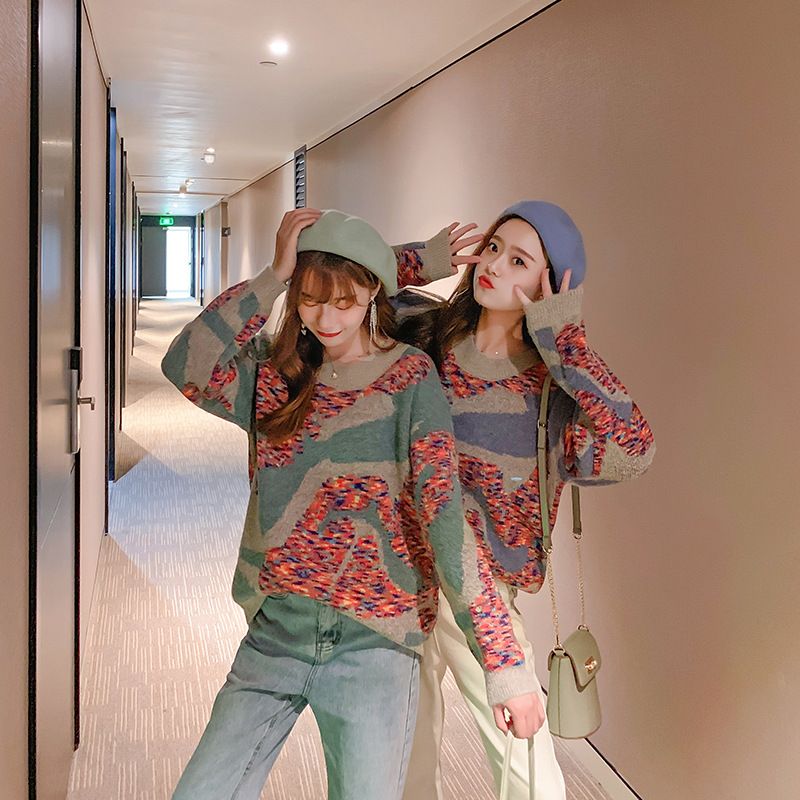 毛衣女短款秋冬装上衣2019新款时尚款V领套头孕妇宽松冬季打底衫|ms