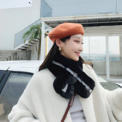 冬季韩版小清新仿獭兔毛小香风拼色围巾ins风学生人字纹拼色围脖
