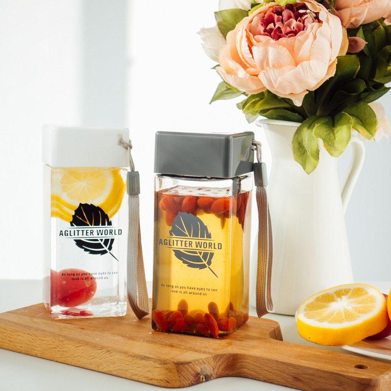 方形簡約水杯便攜手提隨手杯塑料個性杯子透明防漏帶蓋創意小清新