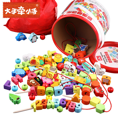 Larger Hand Holds Smaller Hand Wooden Bead Stringing 100 Pcs Number Letter City Transportation Fruits Vegetables Farm Children's Toy