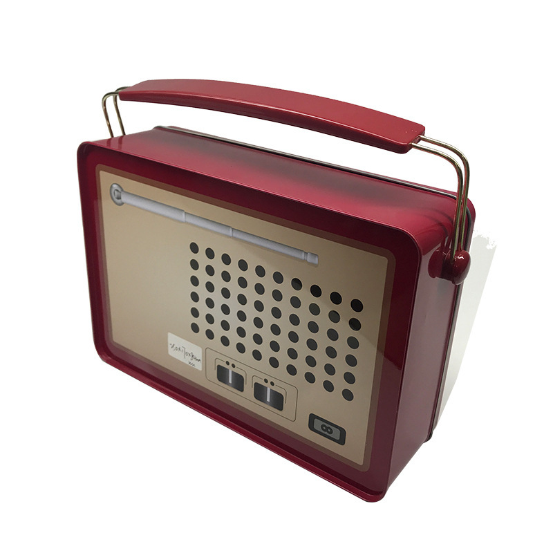 Caja Portátil de Hojalata Cuadrada con Diseño de Radio para Almacenamiento
