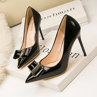 9288-60 Korean version simple slim heel high heels women's shoes shallow mouth pointed sexy slimming high heels bow single shoes