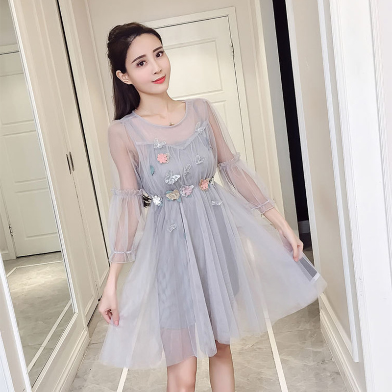 现货2022春秋甜美仙女气质立体花朵刺绣收腰灯笼袖蓬蓬网纱连衣裙