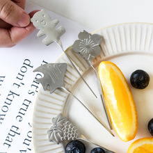 创意不锈钢卡通造型水果扭叉甜品叉小吃店奶茶店可循环使用零食签