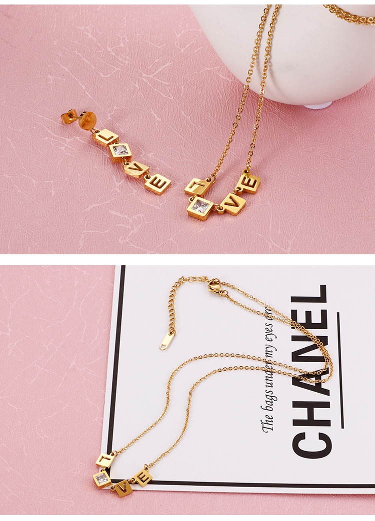 Korean Love Square Zircon Titanium Steel Clavicle Chain Earrings Set Wholesale display picture 4