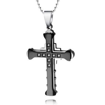 Dark Knight Korean Cross Necklace with Diamonds for Men's Titanium Steel Pendant_voghion.com