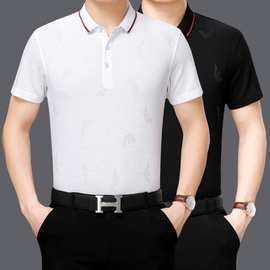 男装桑蚕丝t恤男士中老年短袖商务翻领纯色T恤衫冰丝薄上衣代发