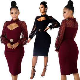 2018WISH速卖通亚马逊 绷带亮片蕾丝连衣裙 女装