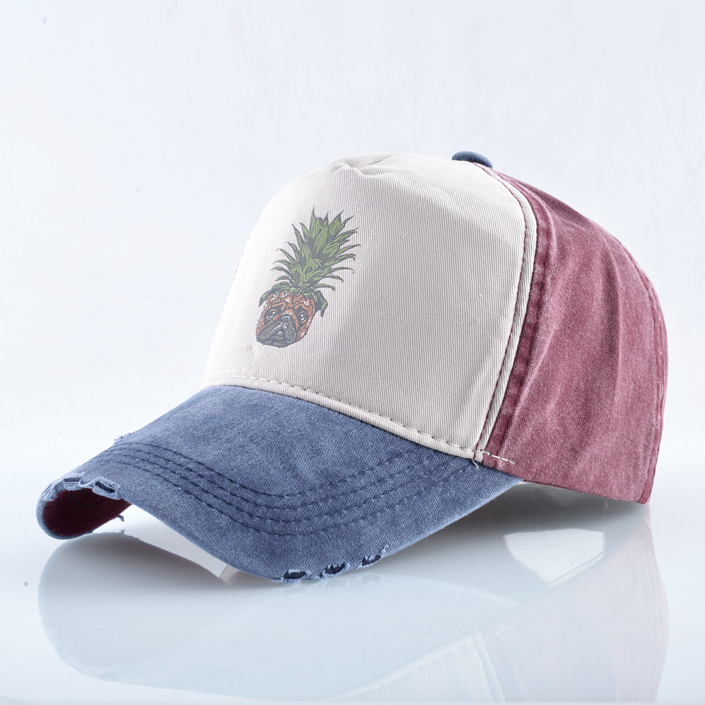Cappellino da baseball in denim lavato con stampa ananas e cane, ideale per donna, primavera/estate, street dance, hip hop, coppia, taglia unica, regolabile, con becco d'anatra._voghion.com