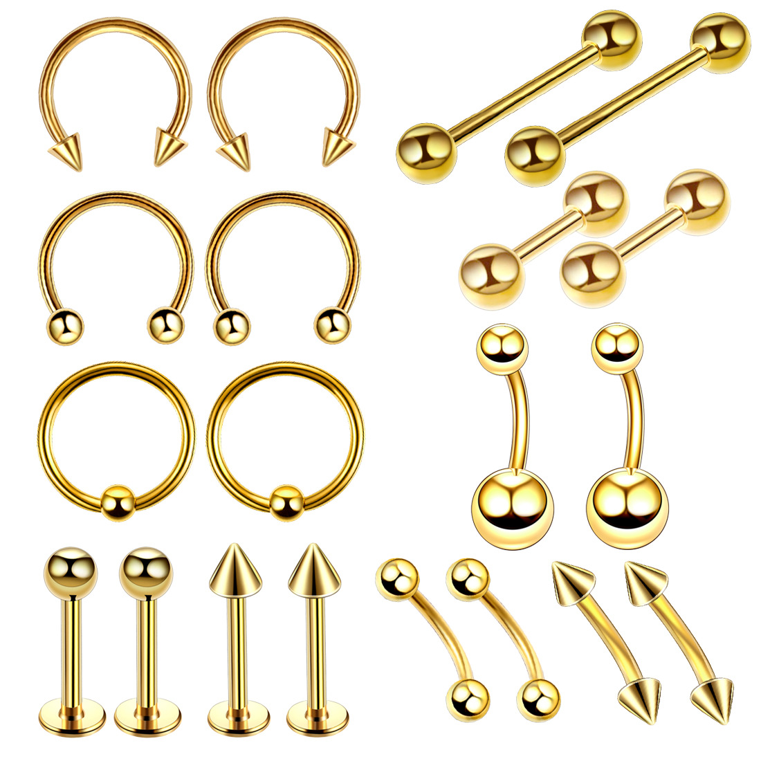 Beliebtes 20-teiliges Set aus Edelstahl-Lippen- und Nasensteckern, Ohrringen und Ringen – Piercingschmuck im grenzüberschreitenden Großhandel_voghion.com